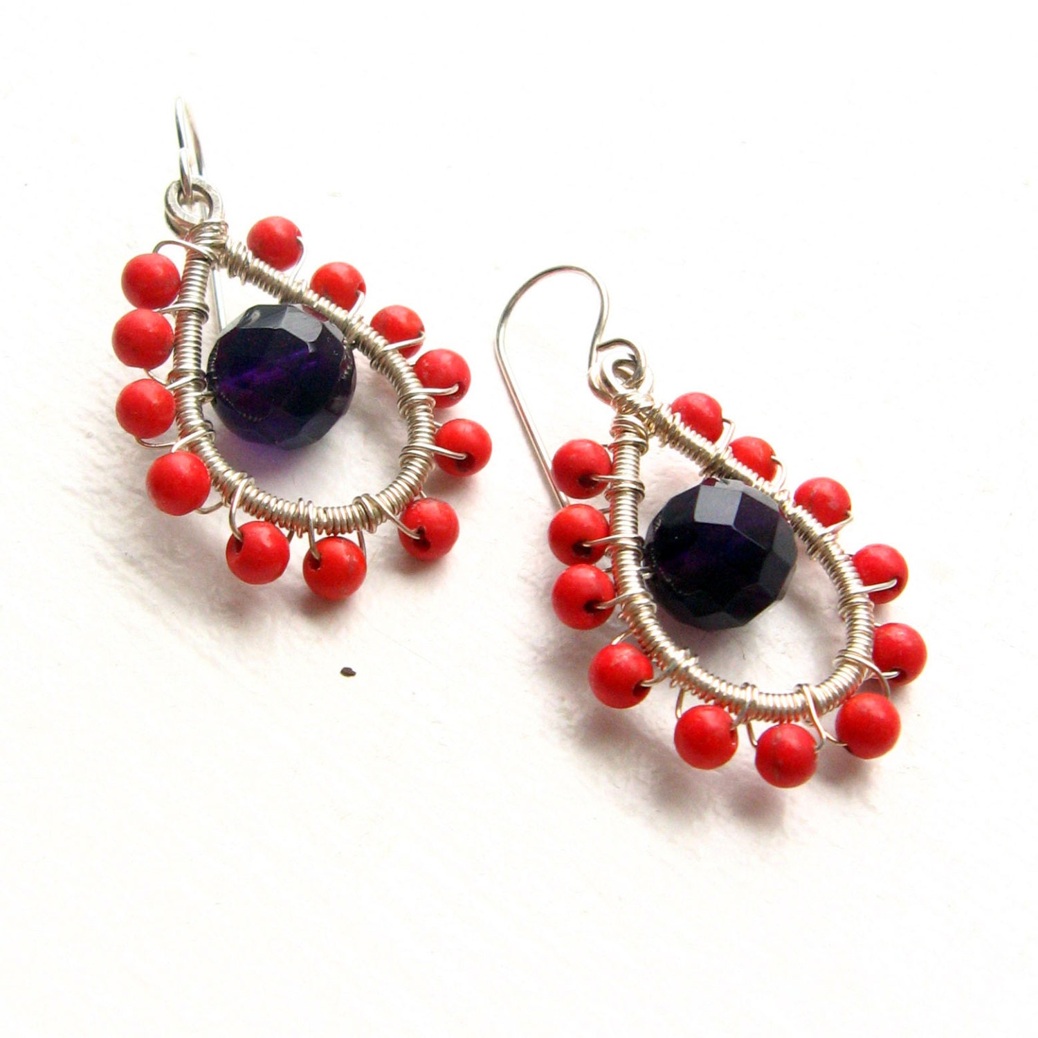 Juicy Gems Candy Coloured Licorice Red and Gumdrop Purple Sterling Silver Wire Wrapped Earrings - GEM-E