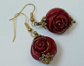 Vintage Japanese Deep Red ROSE Flower Bead Earrings, Gold