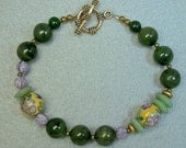 Vintage Nephrite Jade Bead Bracelet, Chinese Yellow Flower Porcelain,German Purple Flower Beads