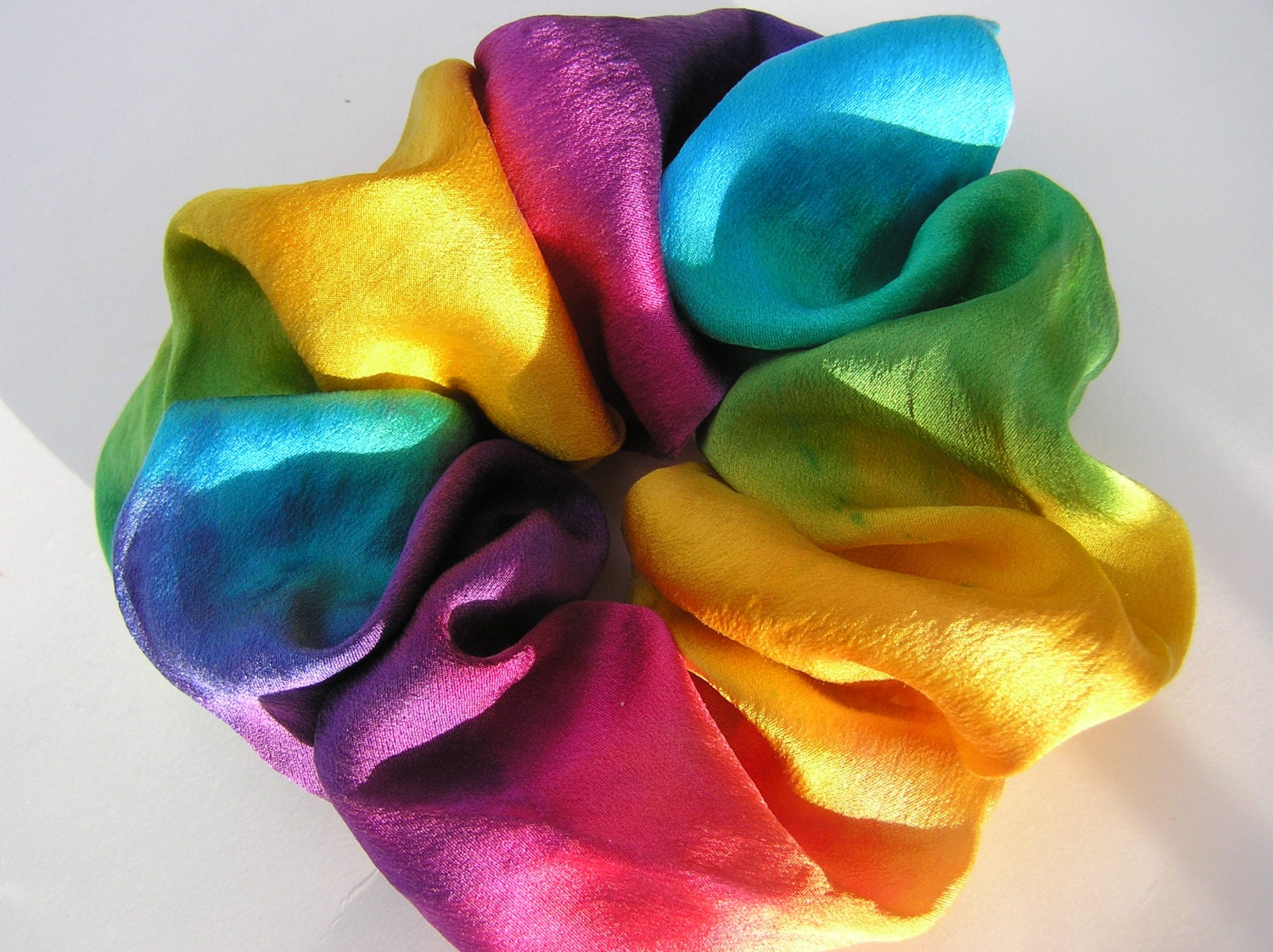 SILK Scrunchie, hand dyed, soft for hair, bright rainbow, silk, ponytail
