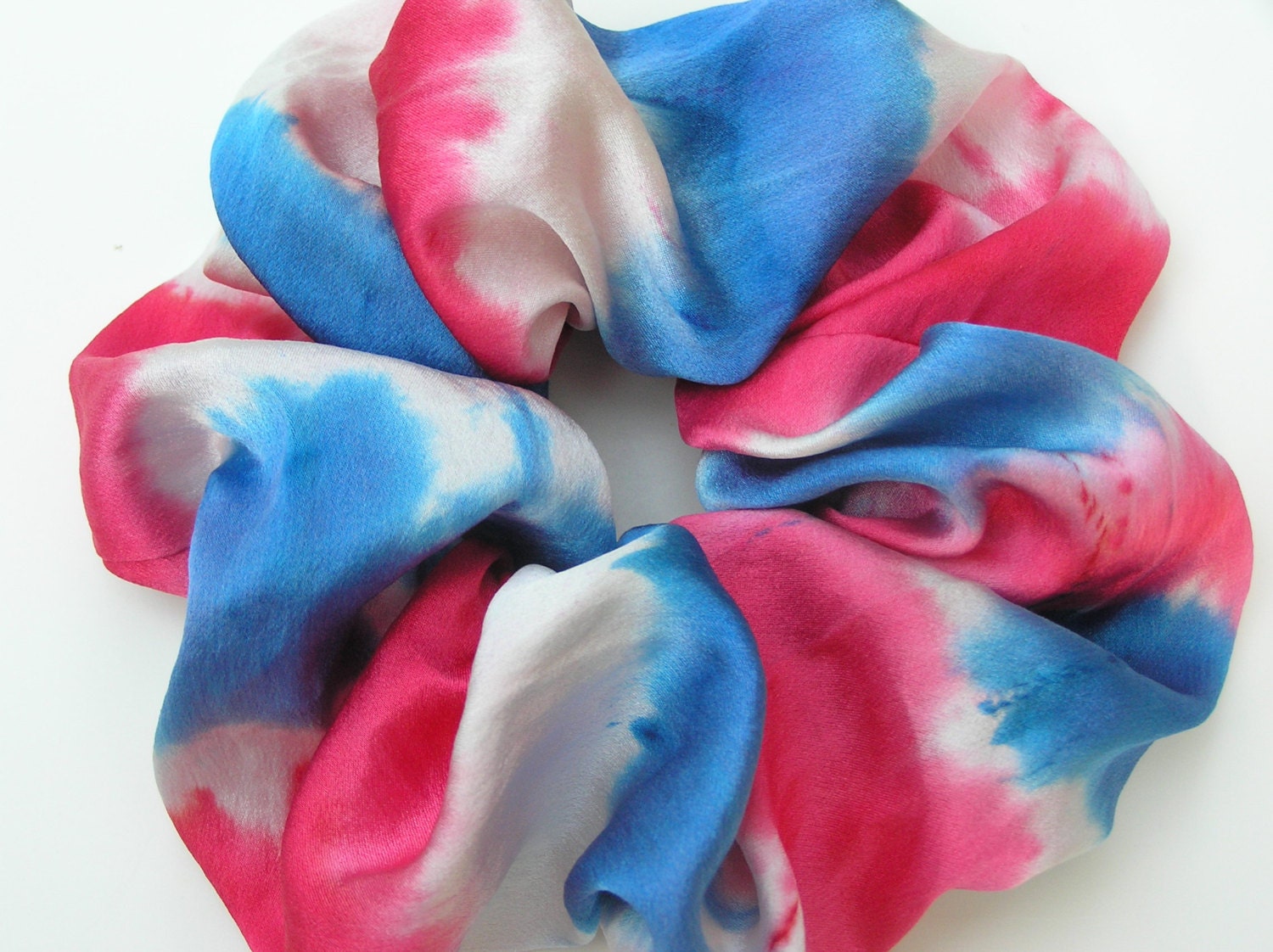 SILK Scrunchie, PATRIOTIC, hand dyed, soft for hair, ponytail, silk, red, white, blue