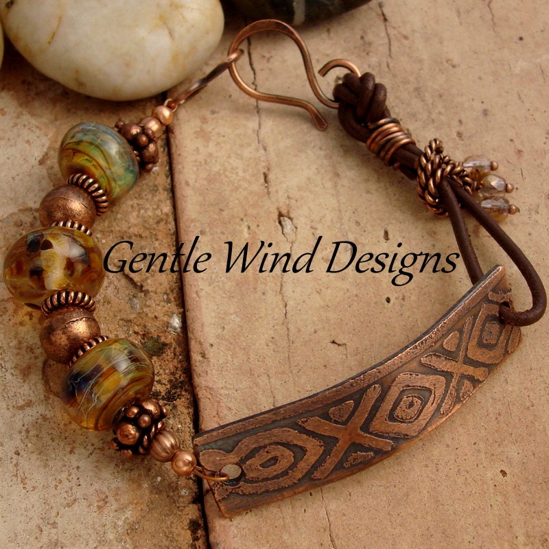 MAYAN SECRETS - Handmade Etched Plate , Lampwork Beads, Glass Beads, Leather, and Antiqued Copper Components