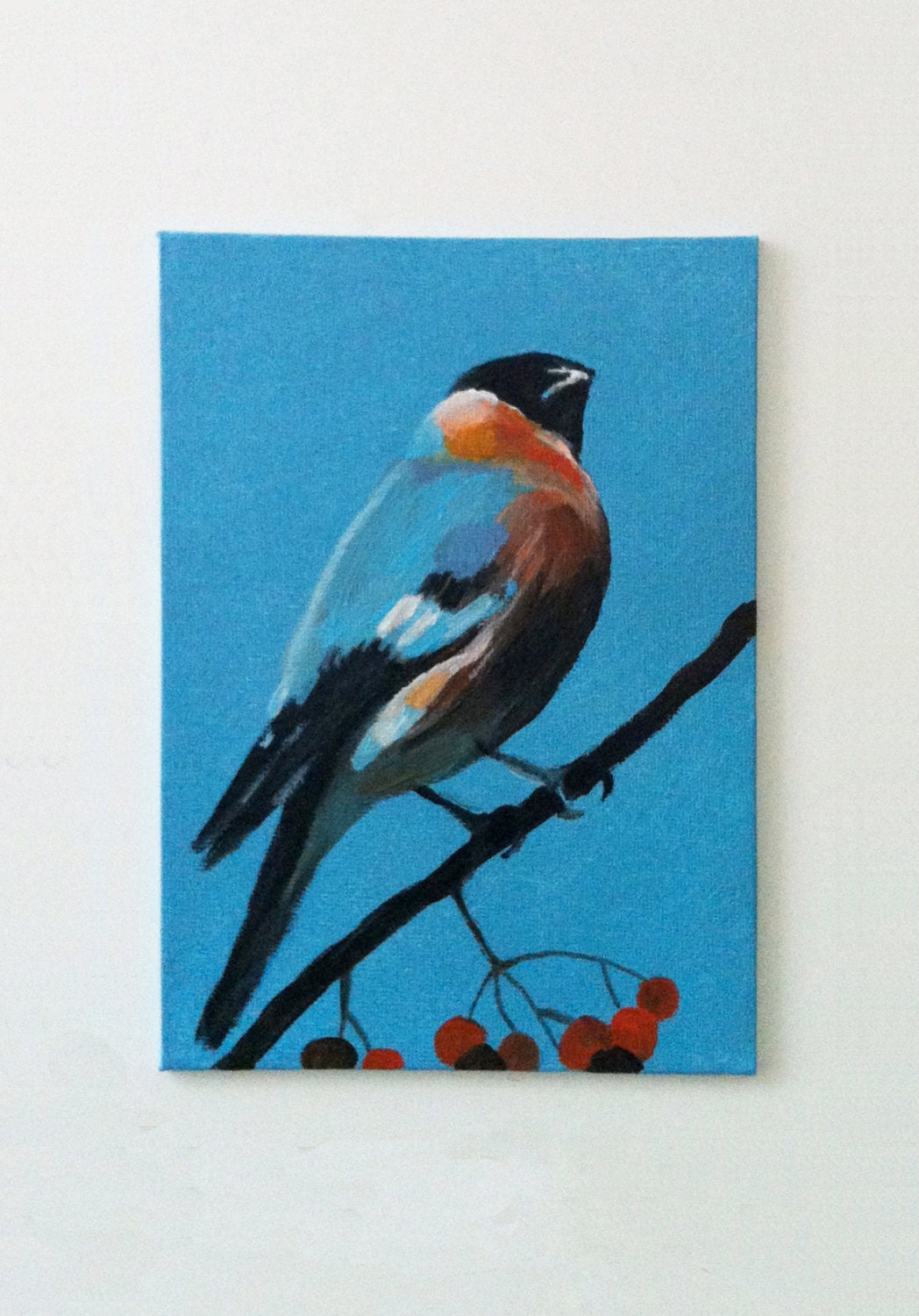 Small bird on branch / Original painting  on canvas panel