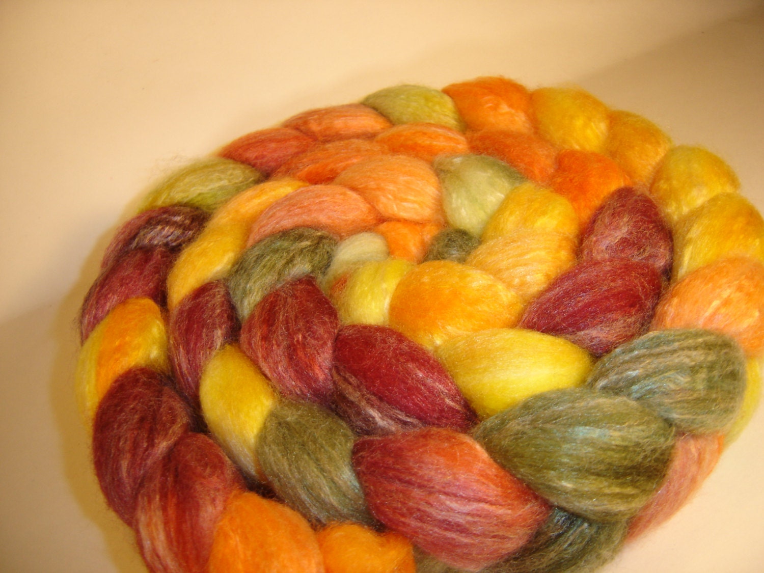 Roving, Spinning, fiber, Combed Top, Hand dyed in Fruity Wine Merino, Bamboo, Silk, 4 oz   pink. cherry, orange, yellow green