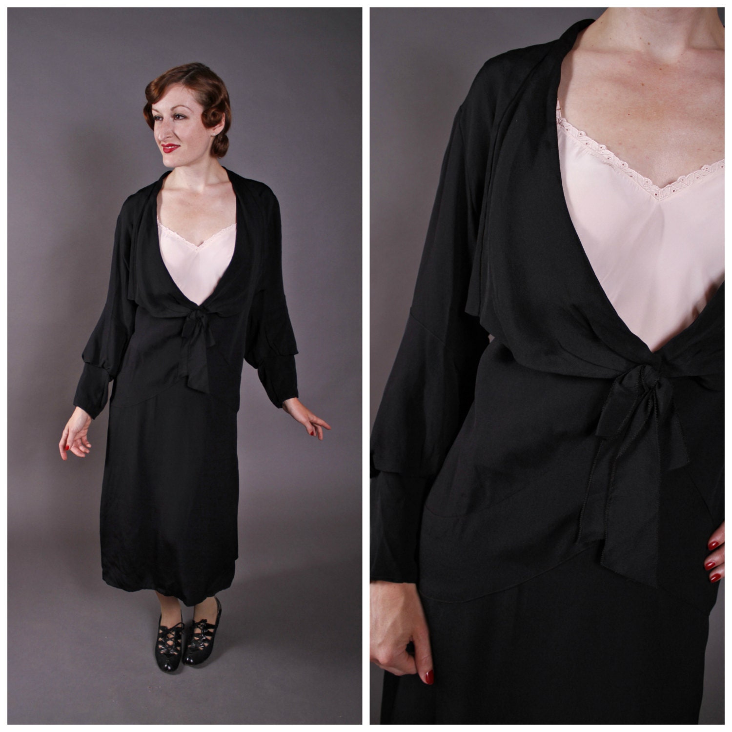 Vintage 1930s Dress - Early 30s Black Silk Crepe Dress with Large Collar and Poet Sleeves
