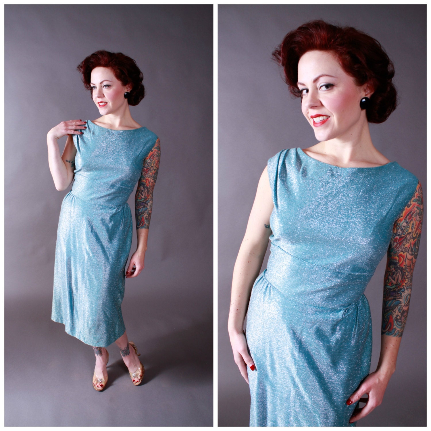 RESERVED ON LAYAWAY Vintage 1950s Lurex Dress - Killer Aqua Lurex Rockabilly Bombshell Wiggle Dress by Koret of California