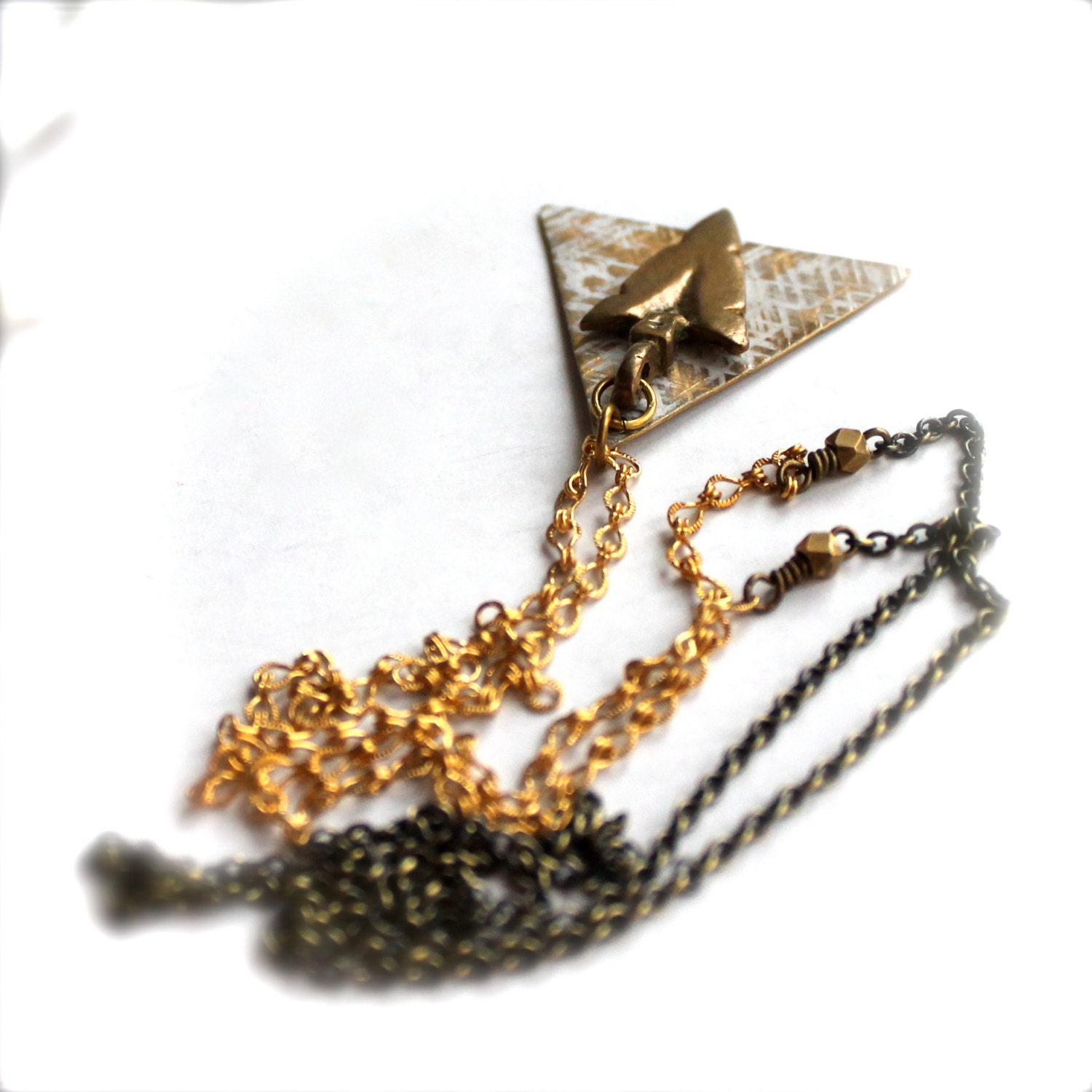 Brass Arrowhead, White Patina Triangle -Patina Necklace - Long Tribal Rustic Geometric Textured Gold Jewellery