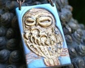Blue and Gold Midnight Owl Necklace in Polymer Clay on Copper Chain