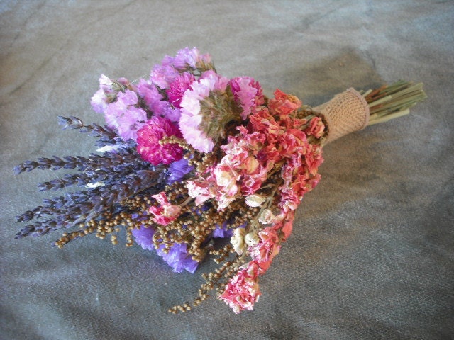 Tiny dried flower bridal bouquet, perfect toss bouquet or for your bridesmaids. Featuring dried Lavender and Statice.