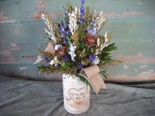 Birch bark vase filled with dried flowers in shades of blue and brown with burlap accents, personalized with your intitials
