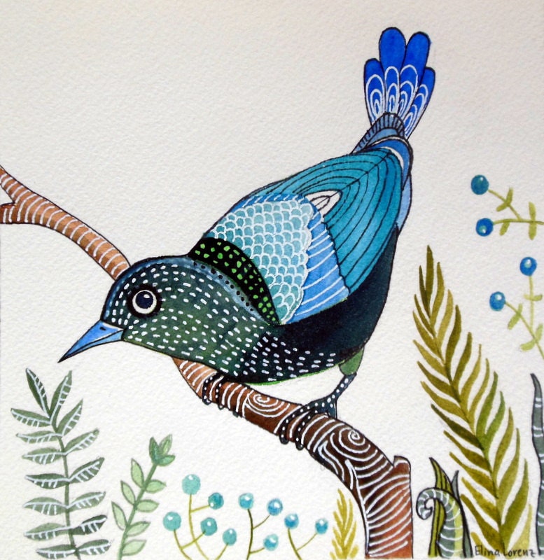 Blue Bird / Nature / Original Watercolor Painting by Elina Lorenz / Wall Art / Organic Art / Bird Art