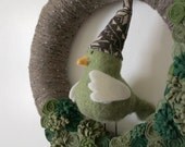 Bird Wreath, Winter Wreath, Pine Green Wreath, Yarn and Felt Wreath, 14-inch size - Ready to Ship