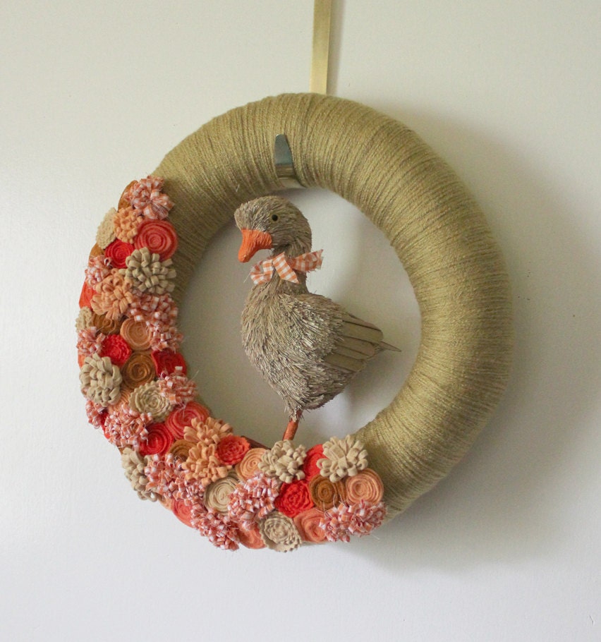 Duck Wreath, Country Wreath, Orange Wreath, Yarn and Felt Wreath, 14 inch size - READY TO SHIP