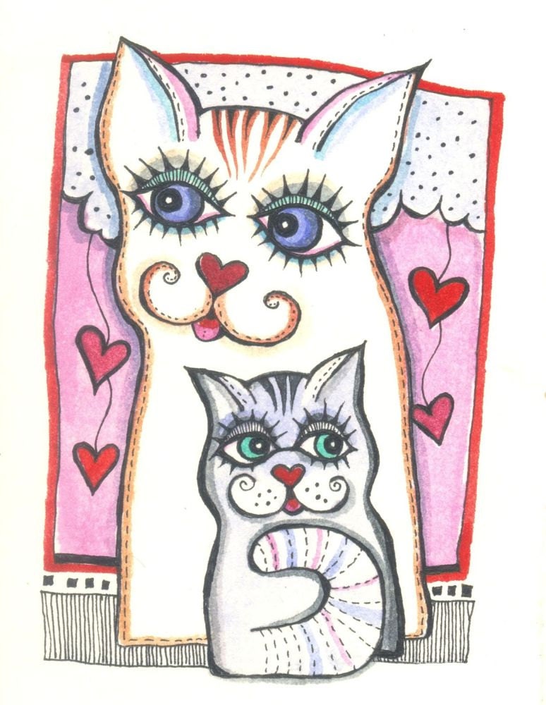Cats - Original Watercolor Painting - Cat Illustration -Kids Nursery - hearts - Pink- wall decor