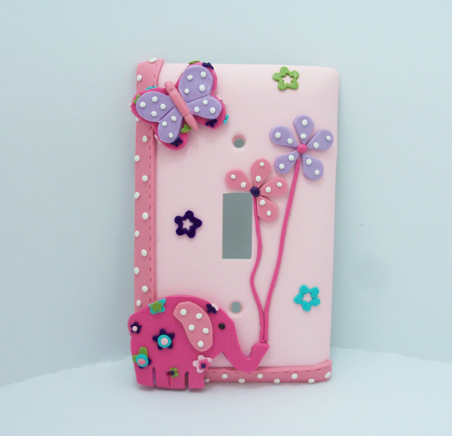 Annabelle - Pink Elephant, Lavender Butterfly, Flowers - Children's light switch cover - Nursery