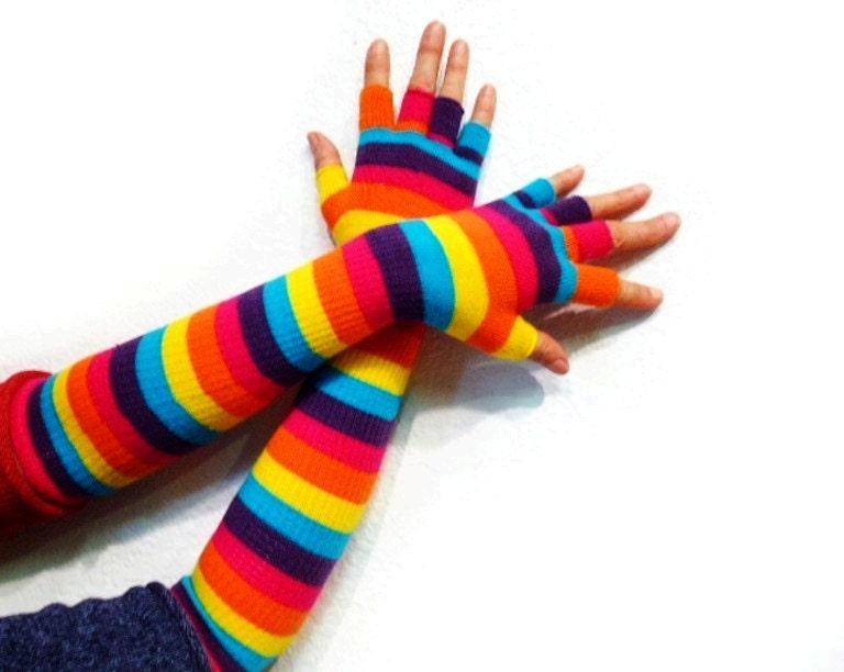 Arm Warmers, Striped Fingerless Gloves Goth, Steampunk, Bohemian, Tribal, Pink Orange Purple Blue Yellow Half Finger, Long