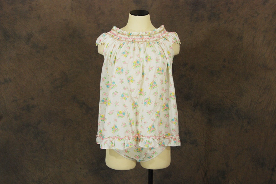 vintage 50s Babydoll Pajamas - Pastel Floral Night Shirt and Bloomers Set Sz S M