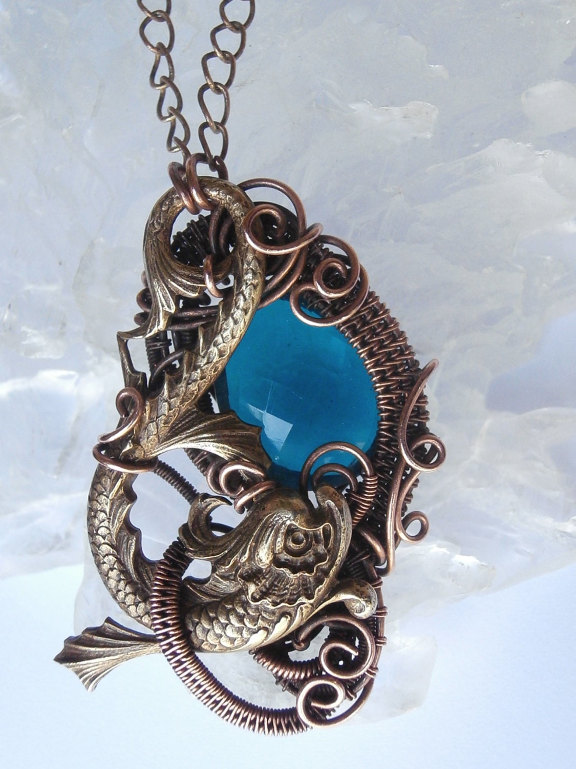 Wire Wrapped Copper Pendant Necklace, AAA Teal Blue Quartz Faceted Pear Briolette with Koi