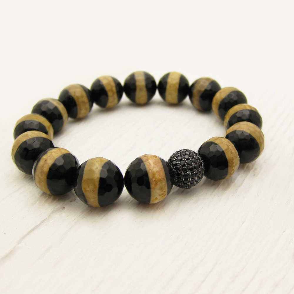 Pave Gold Zebra Agate Bead Bracelet in Black CZ Sterling Pave / safari night bohemian modern stripes tribal metallic neutral golden inspired