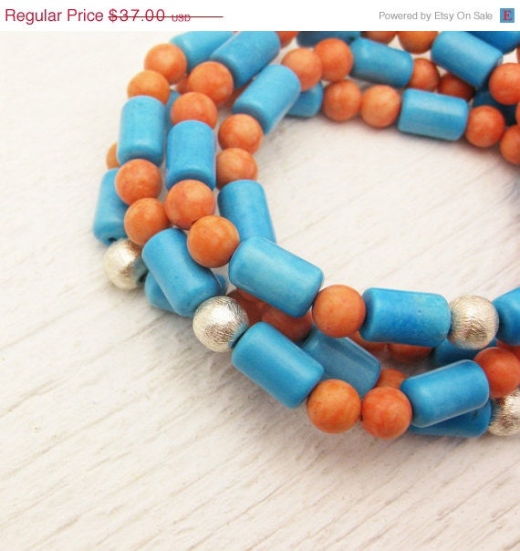 Pre-Made Sale / One Size 6 1/4" Orange & Blue Geometric Agate Bead Bracelet / bright colorful happy fiesta inspired / hippie bohemian stack