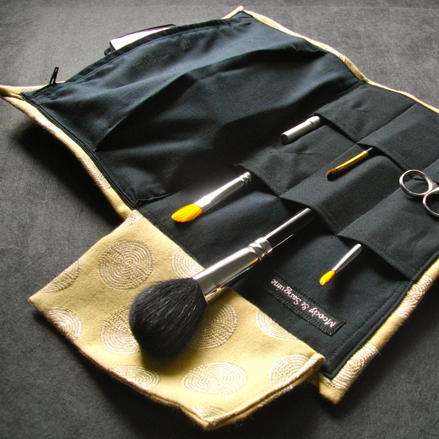 Makeup Bag - Marvellous Moveable Makeup - Brush Travel Roll - Golden Beige with Circles Design., Black Lining