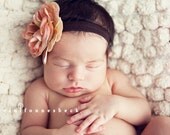 Toffee Mauve Vintage Victorian Rose with Rhinestone Button Center on Dark Brown Elastic Headband (infant/toddler/girl)