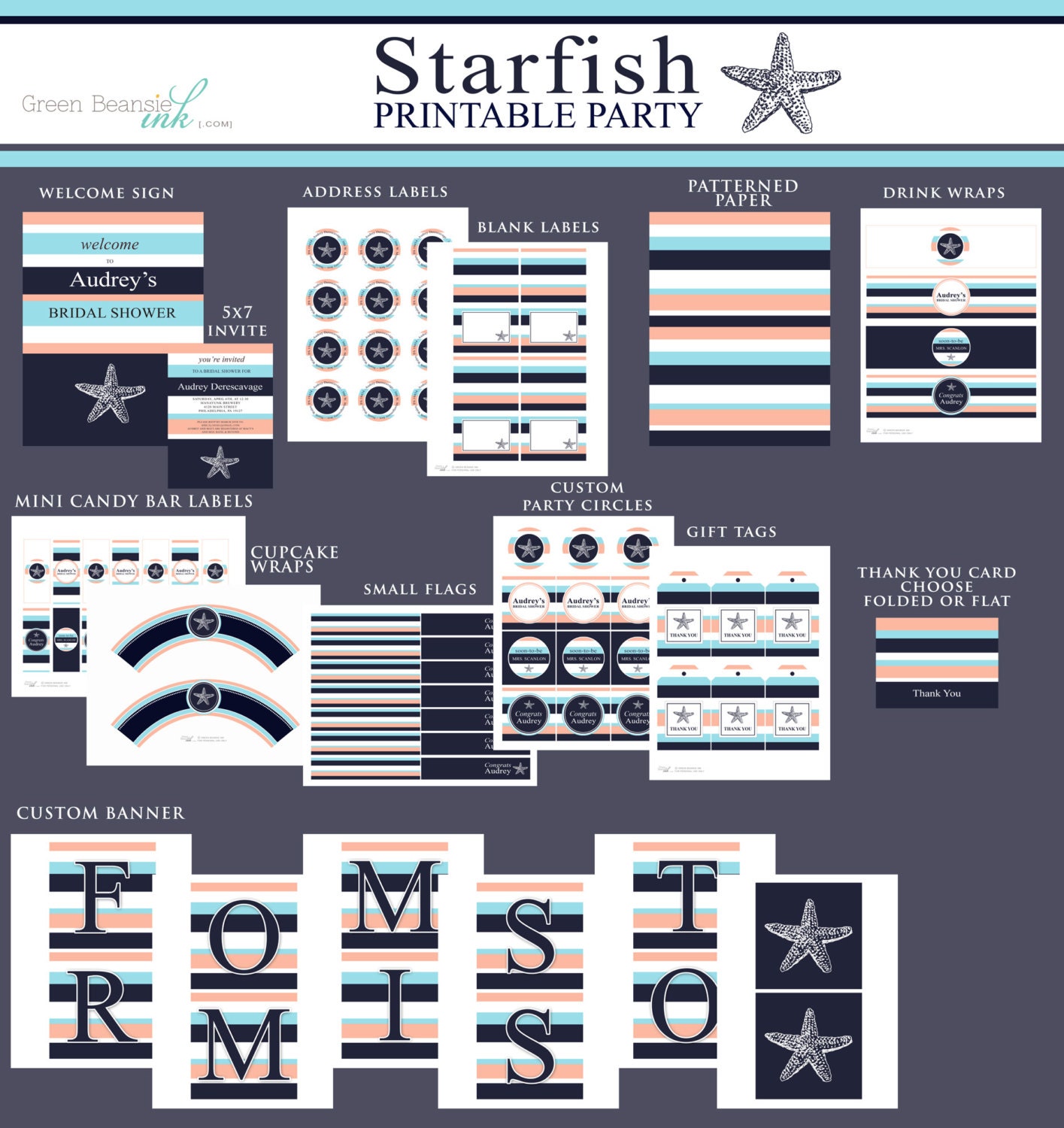 NAUTICAL STARFISH Printable Party Decor Package and Invitation Il_170x135