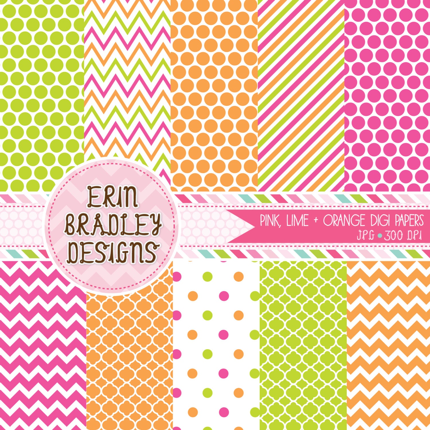 Hot Pink Lime Green and Orange Digital Paper Pack Commercial Use INSTANT DOWNLOAD