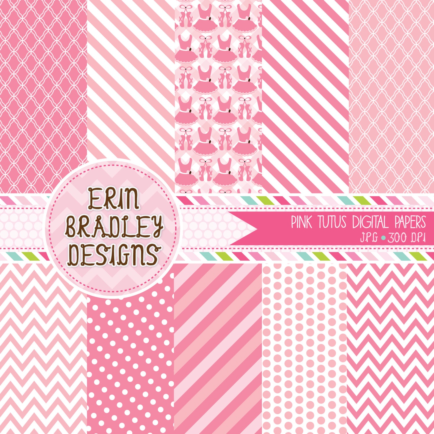 Pink Ballerina Tutus Digital Paper Pack Polka Dots Stripes Chevron INSTANT DOWNLOAD