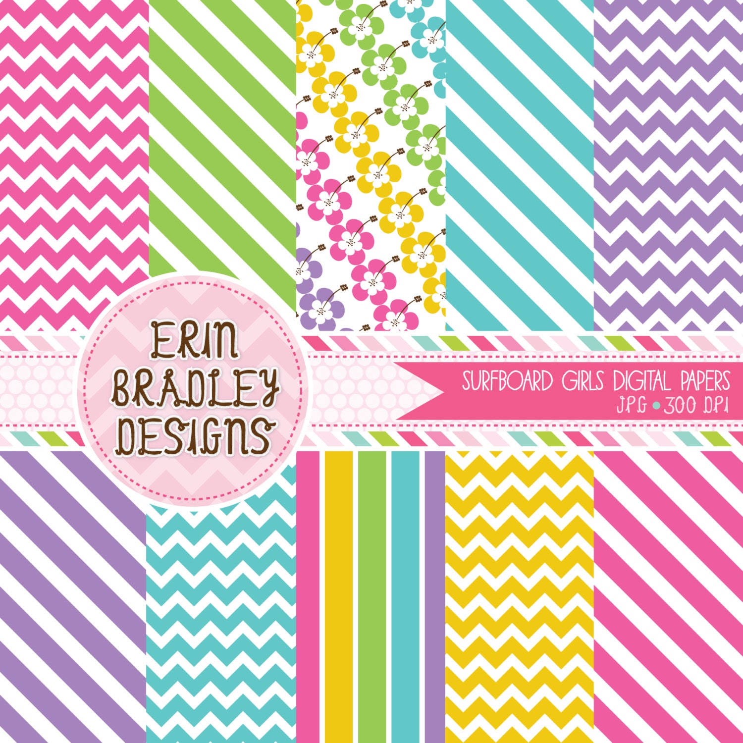 Surfboard Girls Striped Digital Paper Pack Personal & Commercial Use INSTANT DOWNLOAD