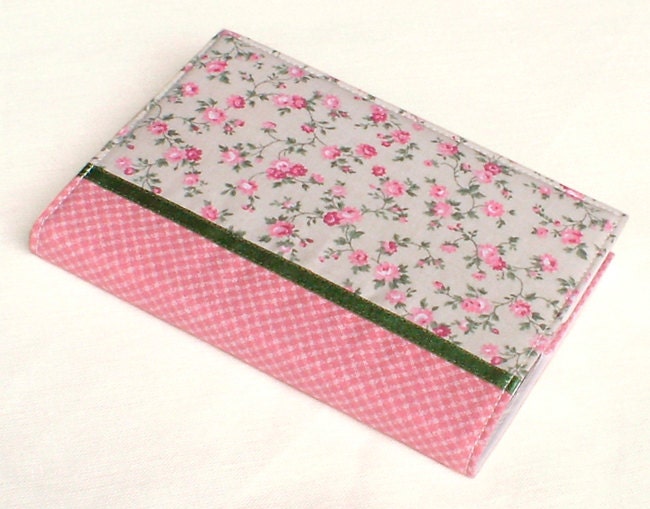 Fabric Journal - Little Roses - Handmade Fabric Cover A6 Notebook, Diary  - Pink Flowers on Light Green Grey and Gingham with Satin Ribbon