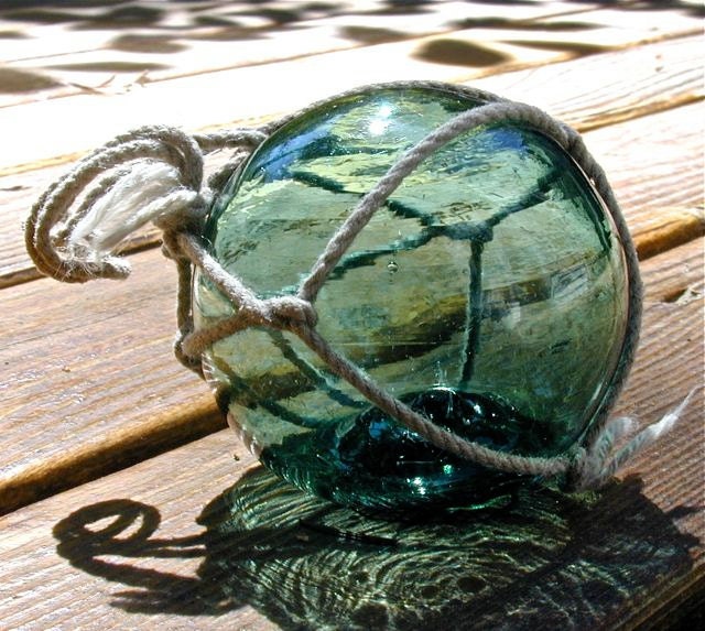 Glass Fishing Float Collectible, Marine Teal MARKED, Nautical Decor, Ocean Decor, Fishing Decor, Coastal Cottage, Beach Cottage Decor
