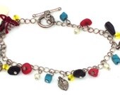 Red Black Stones Chain Bracelet, with Turquoise, Yellow, Pearl and Metal Leaves