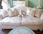 shabby chic sofa couch slipcover ed vintage chenille bedspread rose fabrics cottage vintage white pink aqua
