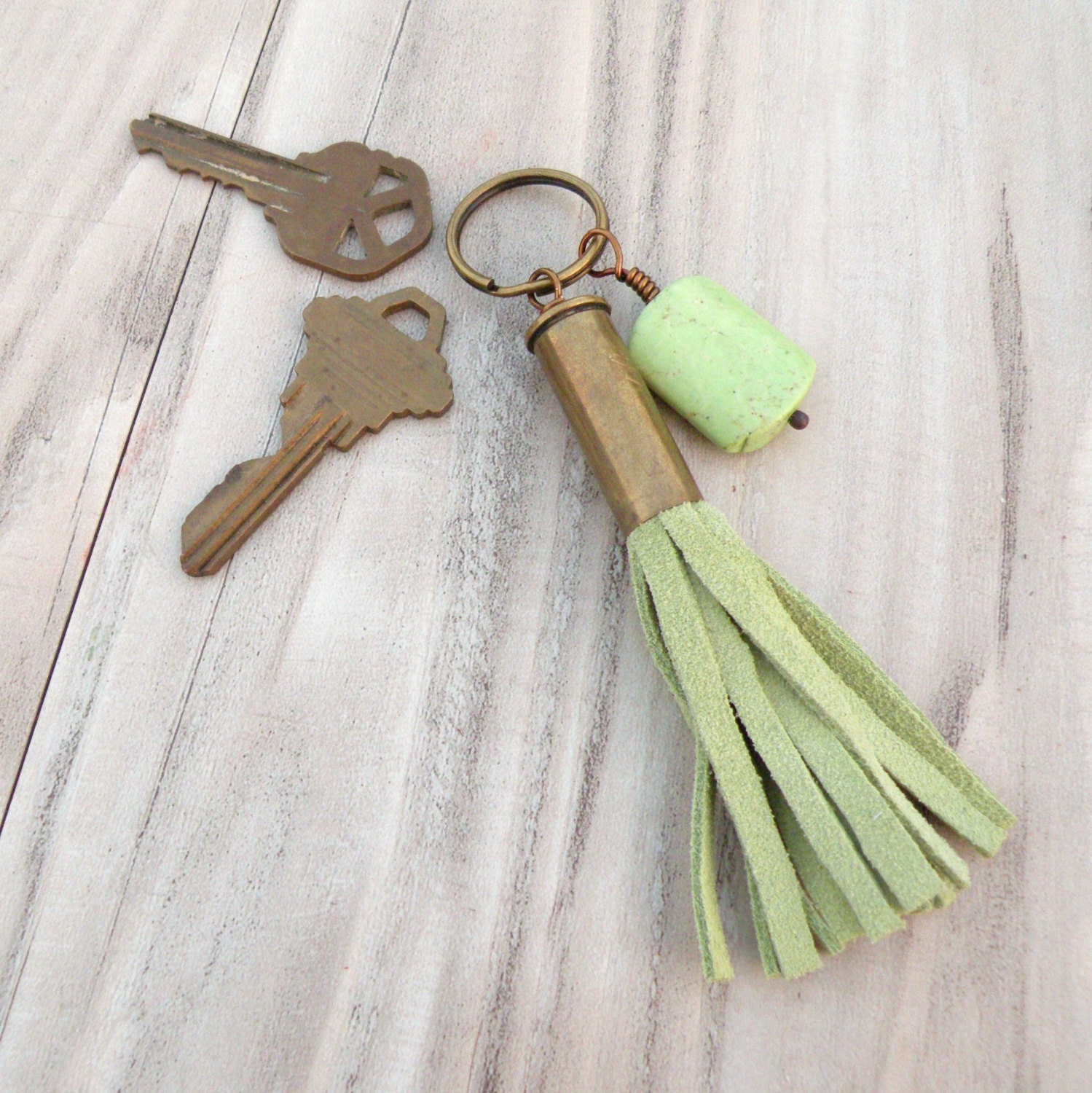 Bullet Tassel Keychain - Chartreuse Suede Tassel with Light Green Turquoise Charm