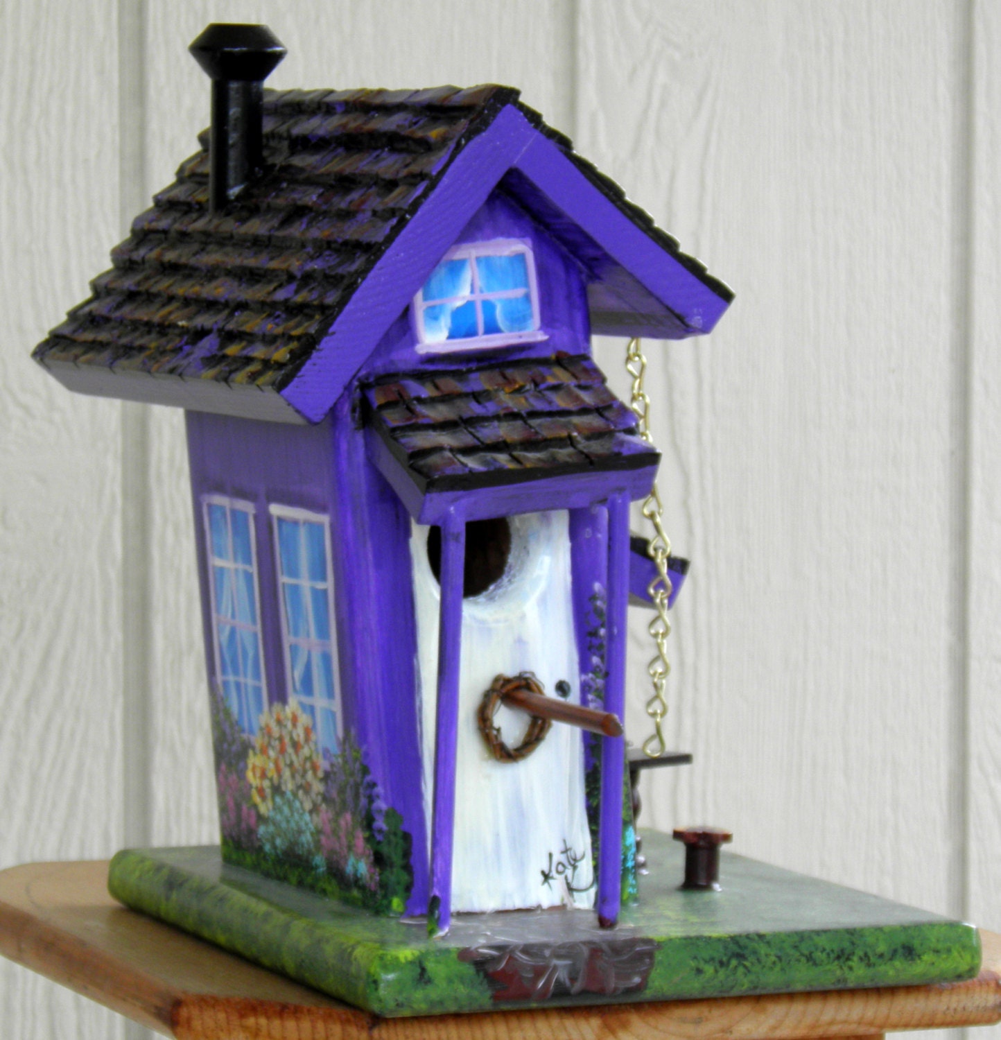 Hand Made Purple Bird House with Porch, Hand Painted and Ready for Wild Birds