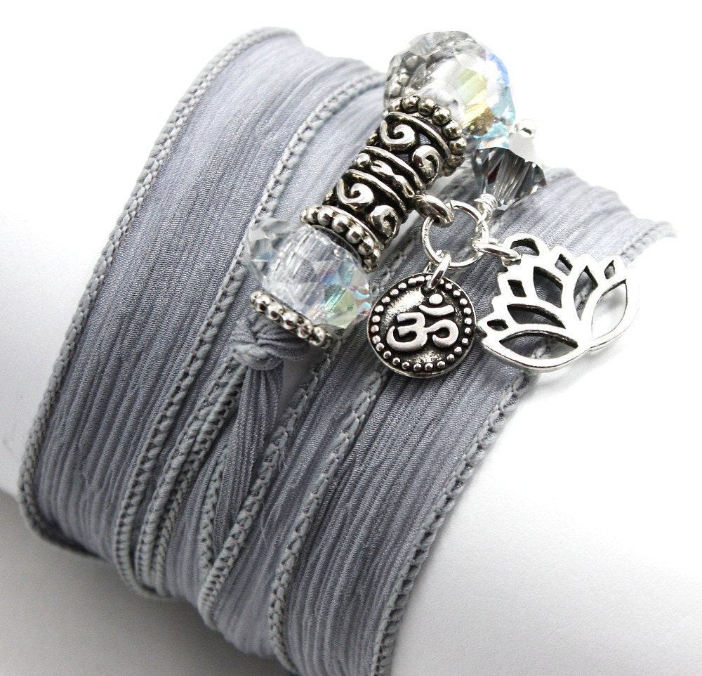 Slate Hand Dyed Silk Wrap Yoga Bracelet with Lotus and Mini Om Disc - anjalicreations