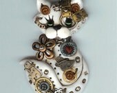 Steampunk White Kitty Cat With Green Eyes Necklace Polymer Clay Jewelry