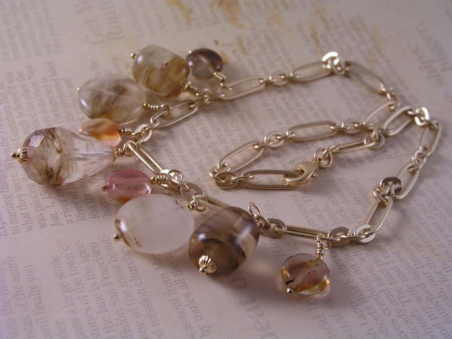 Quartz Necklace, Volcano Cherry Quartz Necklace, Mystic Quartz Satin Gold Chain Necklace, Gemstone Necklace, Gift, Quartz Statement Necklace