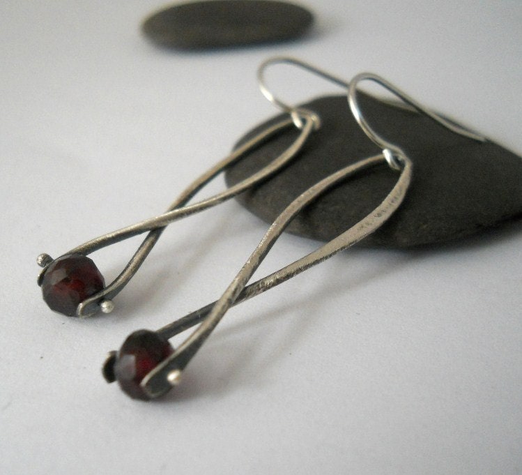 garnet, cross hoop earrings, sterling silver, faceted garnet, january birthstone, red, dangle earring