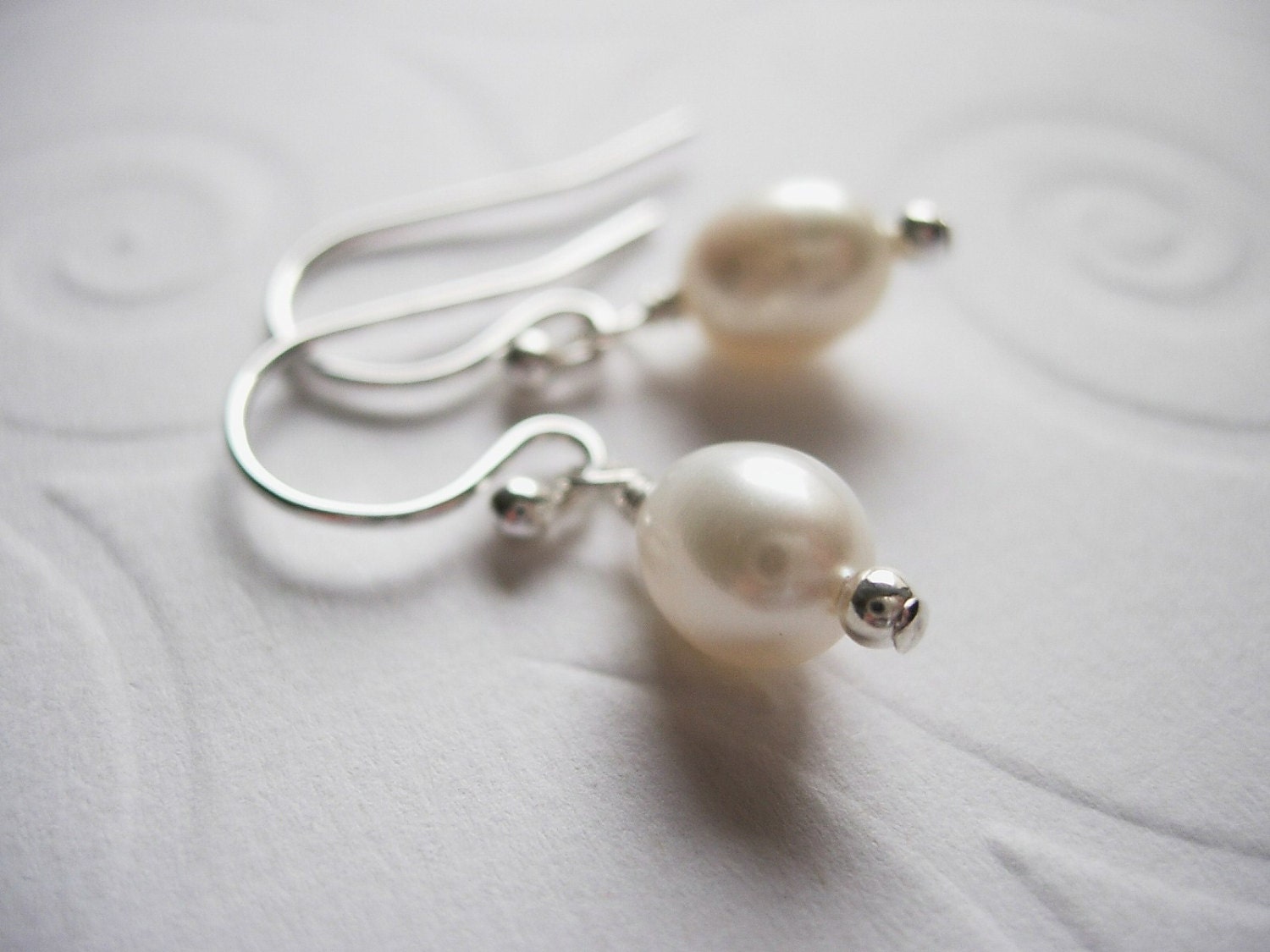 White Freshwater Pearl and Sterling Silver Earrings, Wire Wrapped, Rice Shaped, Simple, June Birthstone, First Communion, Bridal, Bridesmaid