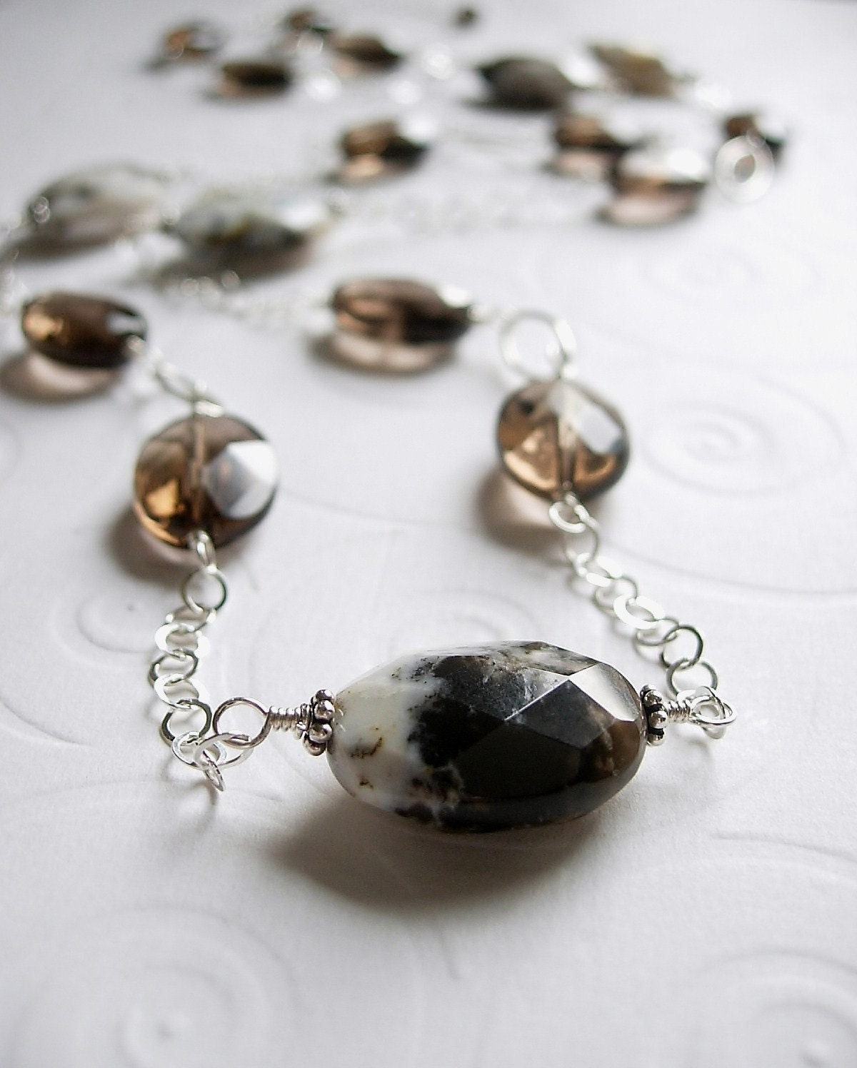 Oregon Opal and Smokey Quartz, Long Gemstone Necklace, Sterling Silver Chain, Wire Wrapped, Brown, Cream Ivory, Earthy, Neutral