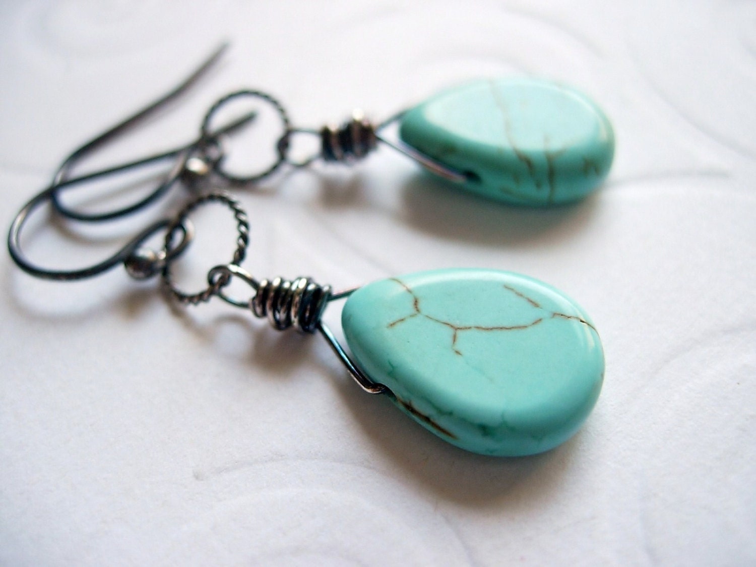 Turquoise Howlite Briolette Teardrop and Oxidized Sterling Silver Wire Wrapped Earrings, Twisted Ring, Antiqued, Rustic, Blue Green, Aqua