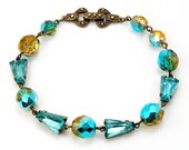 Aquamarine Rhinestone Bracelet, Vintage Style, Spring Jewelry, Brass Bracelet, Rhinestone Jewelry, Birthstone