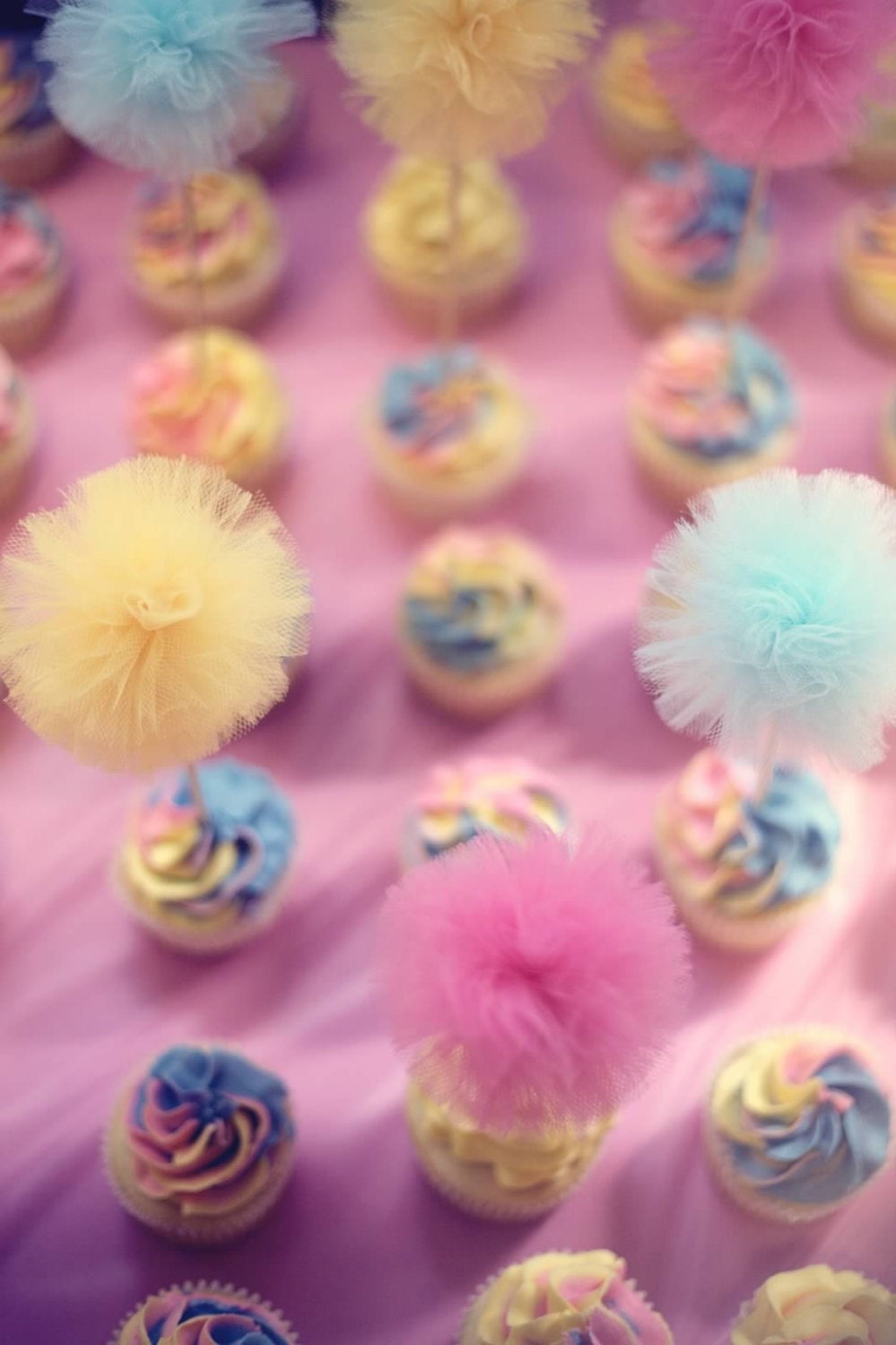 Party Pom Picks - small tulle pom pom decorations, cake toppers, wedding favors - 34 color choices