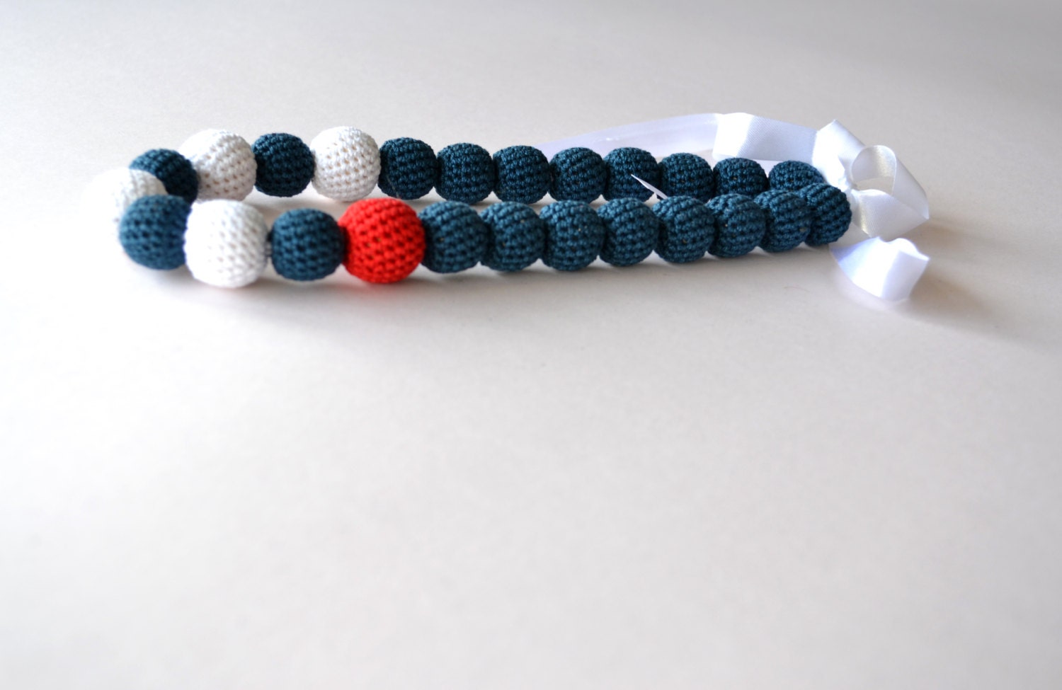 crochet sailor big bead long funky necklace - handmade nautical style necklace in navy blue, white and red, beach style, gift for her