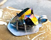 Titanium Coated Quartz Crystal Set In Thick Sterling Silver Prongs On Silver Base, OOAK
