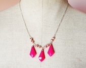 Bright, hot pink, summer, bib, statement necklace with tear drop beads