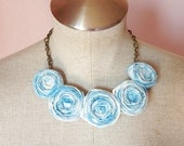 Statement necklace, bib necklace, rosette, blue, vintage sheets, fabric, necklace 