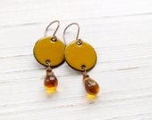 Orange Drop Earrings, Marigold Enamel On Copper With Honey Yellow Glass Beads